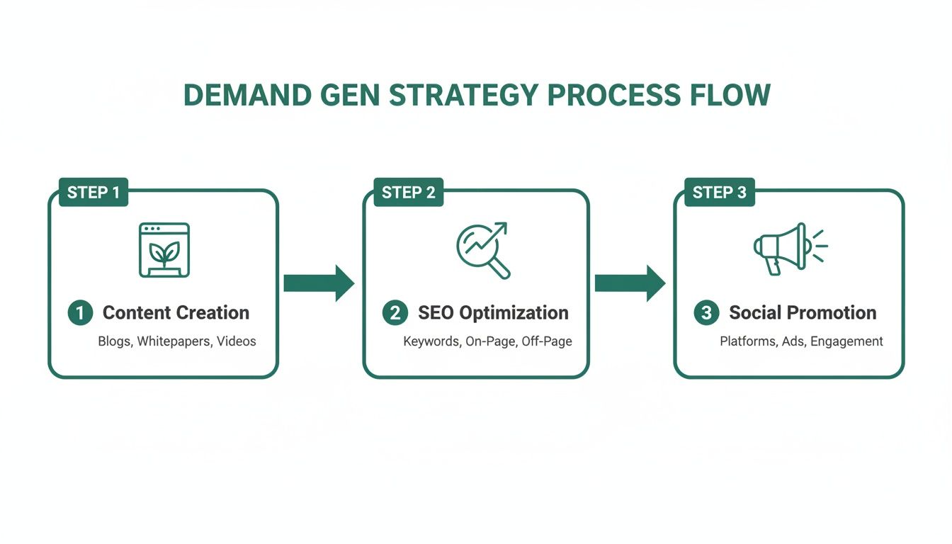 Demand generation strategy process flow with three steps: content creation, SEO, and social promotion.