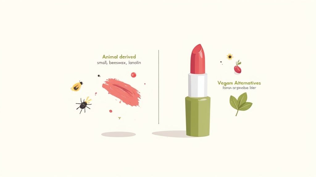 Woman applying vegan lipstick in a natural setting.