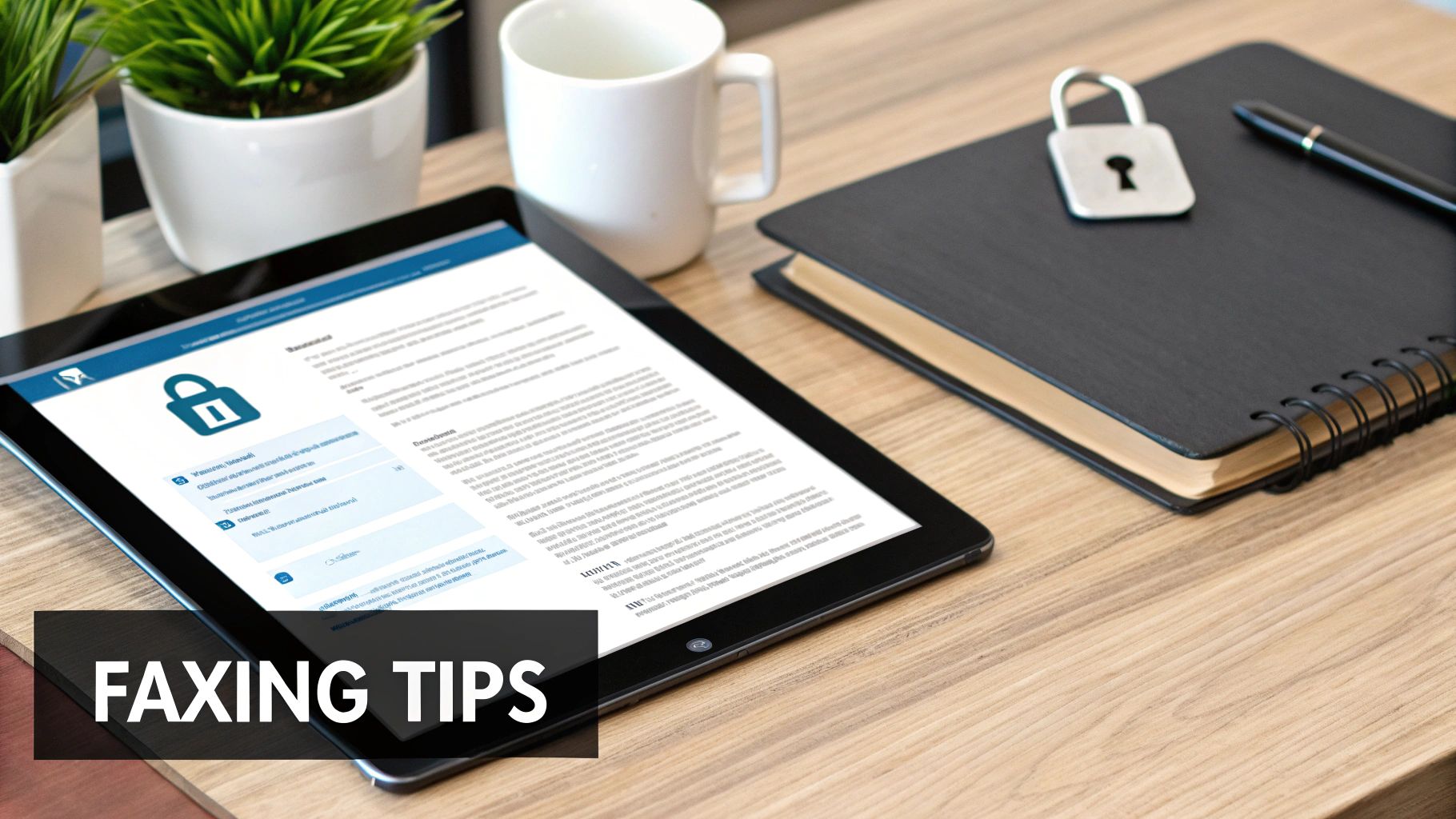 Tablet displaying digital fax document with security lock icon and notebooks on wooden desk