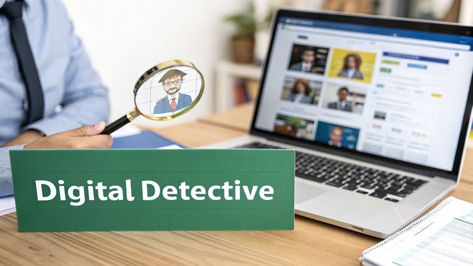 A hand holds a magnifying glass over a profile picture on a laptop, next to a 'Digital Detective' sign.