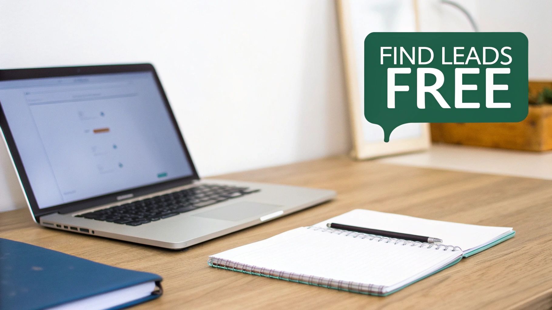 A laptop, notebook, pen, and blue book on a wooden desk with a 'Find Leads Free' speech bubble.