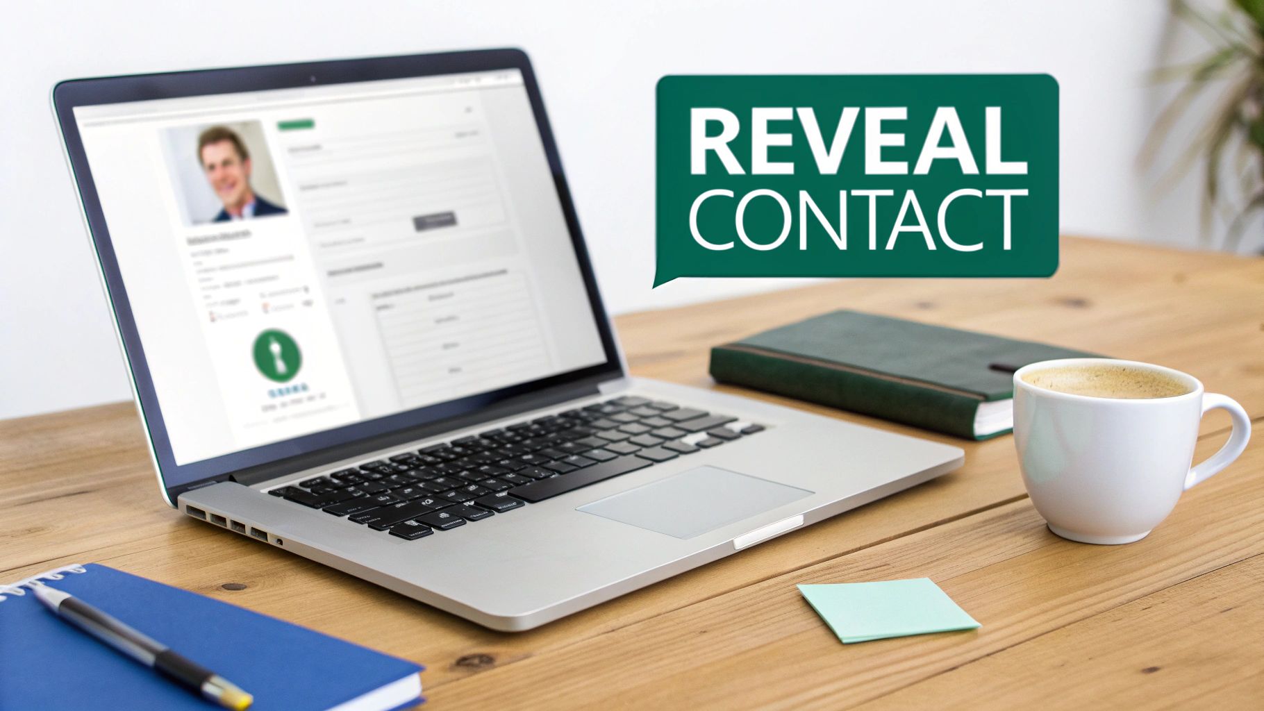 A laptop showing a profile page with a man, coffee, and a "REVEAL CONTACT" speech bubble on a wooden desk.