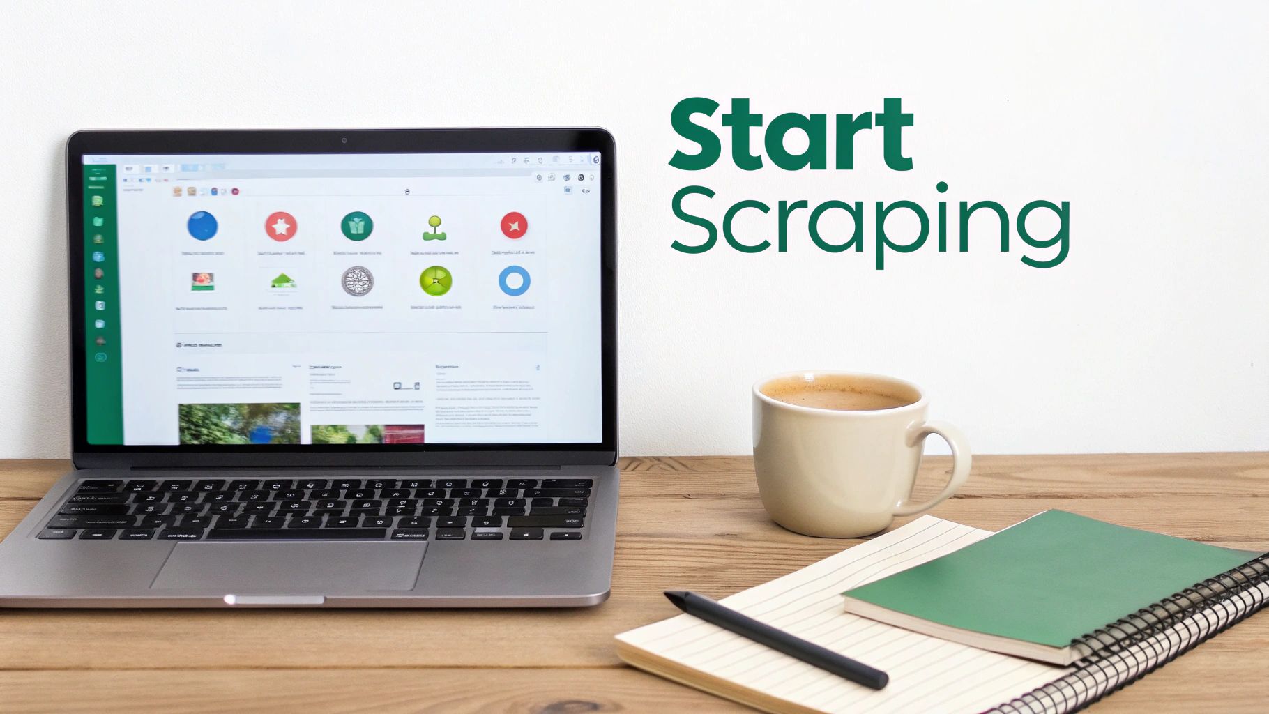 Laptop displaying web scraping software interface on wooden desk with coffee and notebooks