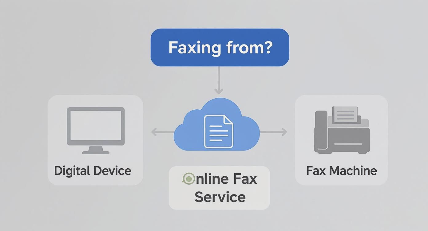 Infographic decision tree showing that faxing from either a digital device or a physical fax machine now connects through an online fax service.