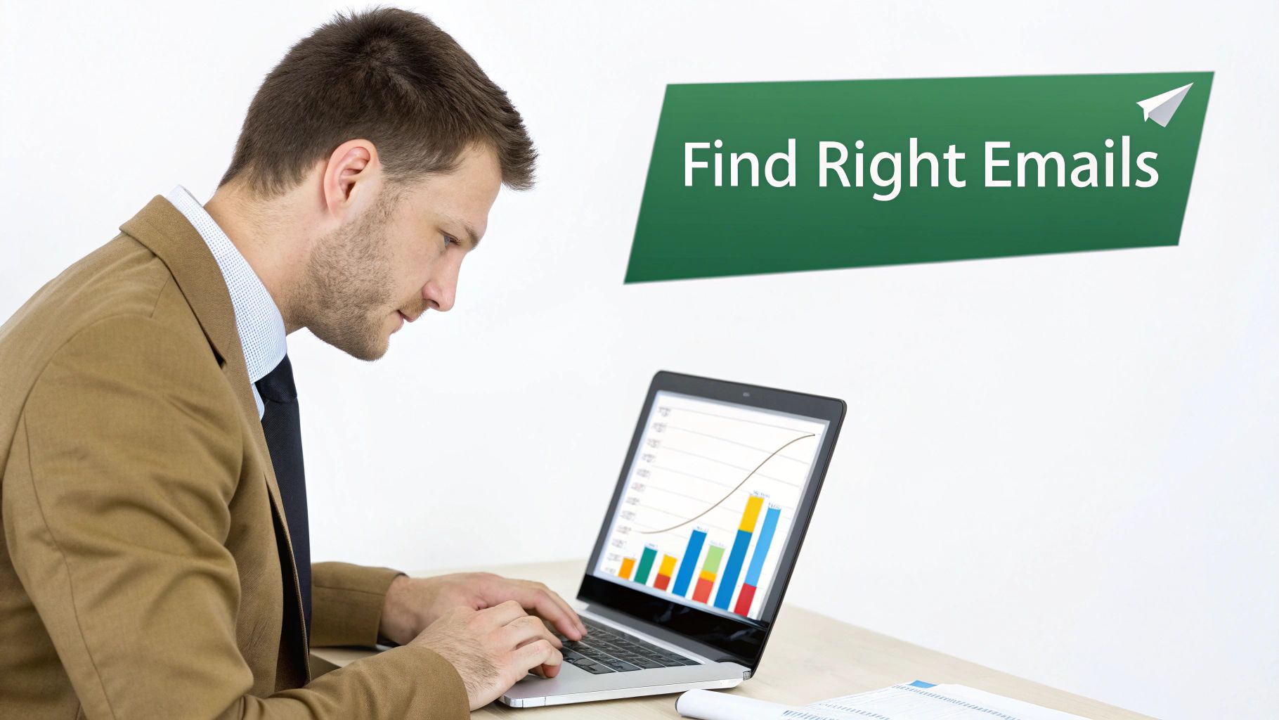 A man in a suit jacket works intently on a laptop displaying a business graph, next to a "Find Right Emails" banner.