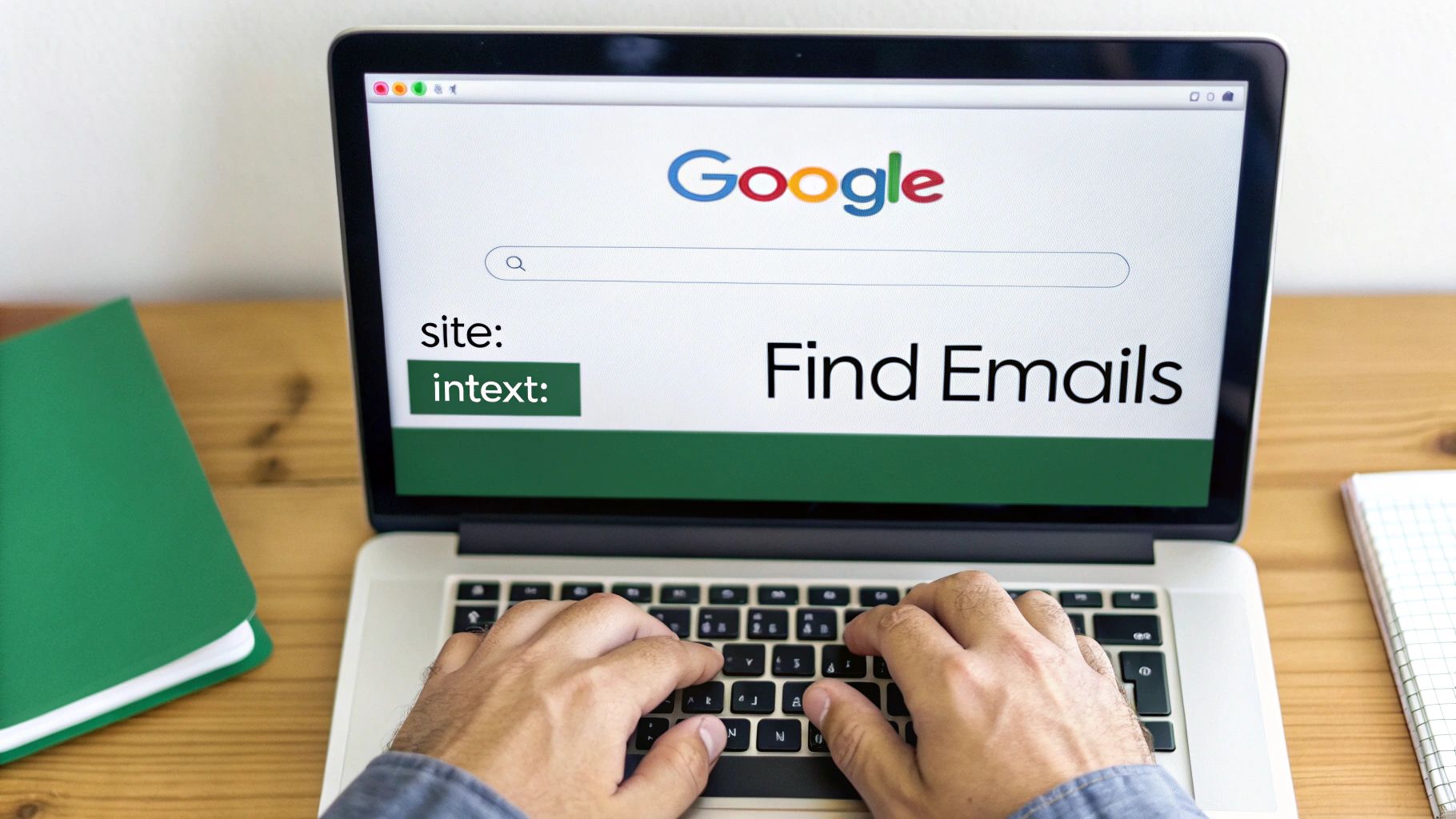 Hands typing on a laptop showing a Google search for 'Find Emails' using site and intext operators.