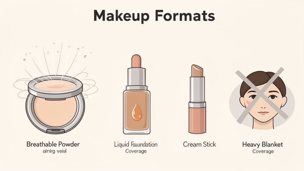Illustrations showing different makeup formats: breathable powder, liquid foundation, cream stick, and a crossed-out face representing heavy makeup.