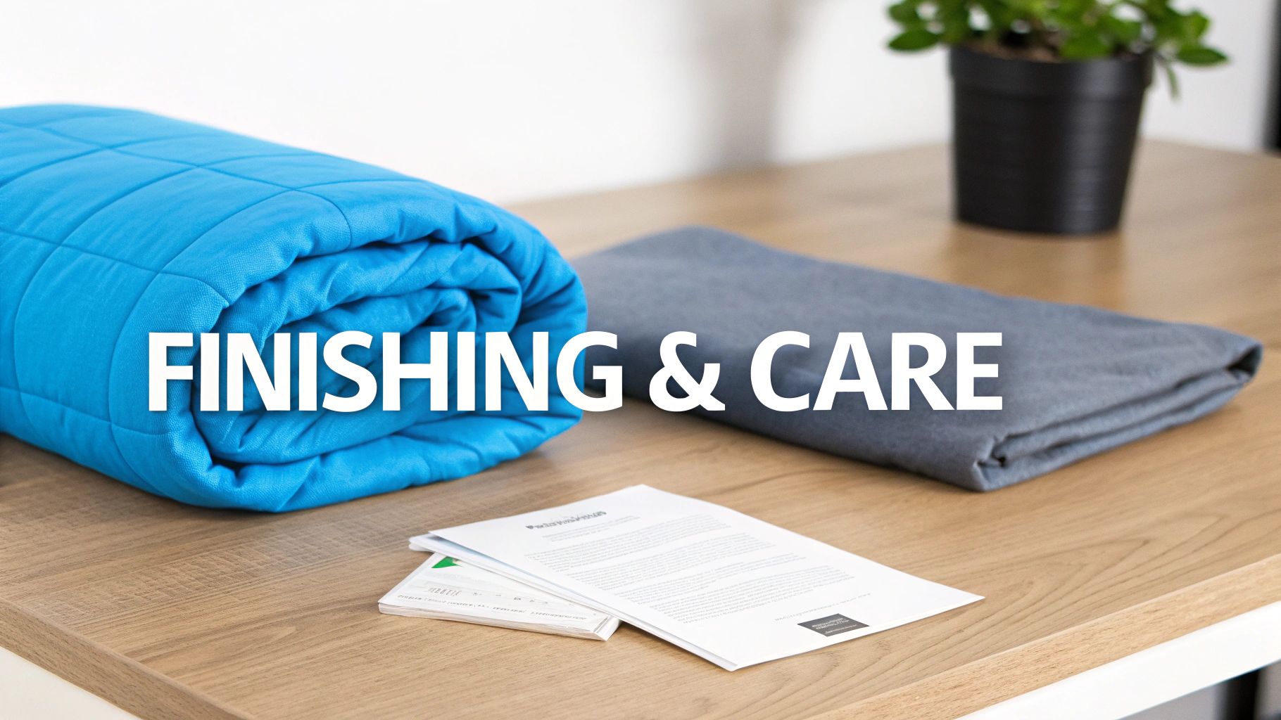 A blue quilted blanket and grey blanket with documents on a wooden table, text reads "FINISHING & CARE".
