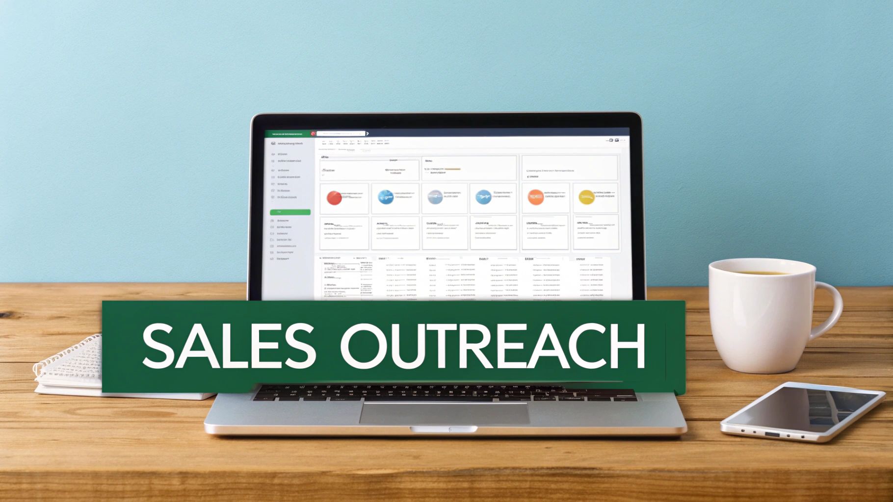 Laptop on a wooden desk with a 'SALES OUTREACH' banner, displaying a business dashboard.