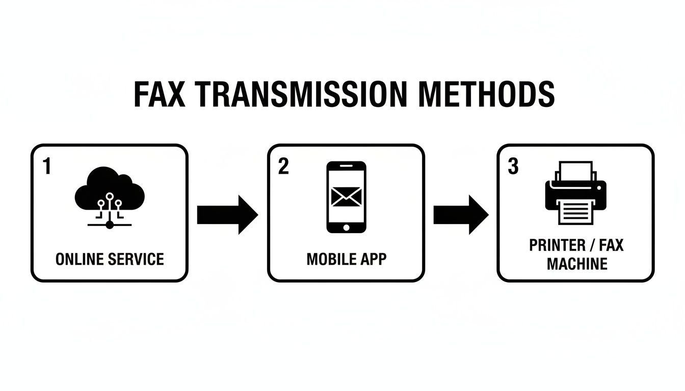 Diagram showing three fax transmission methods: online service, mobile app, and a printer/fax machine.