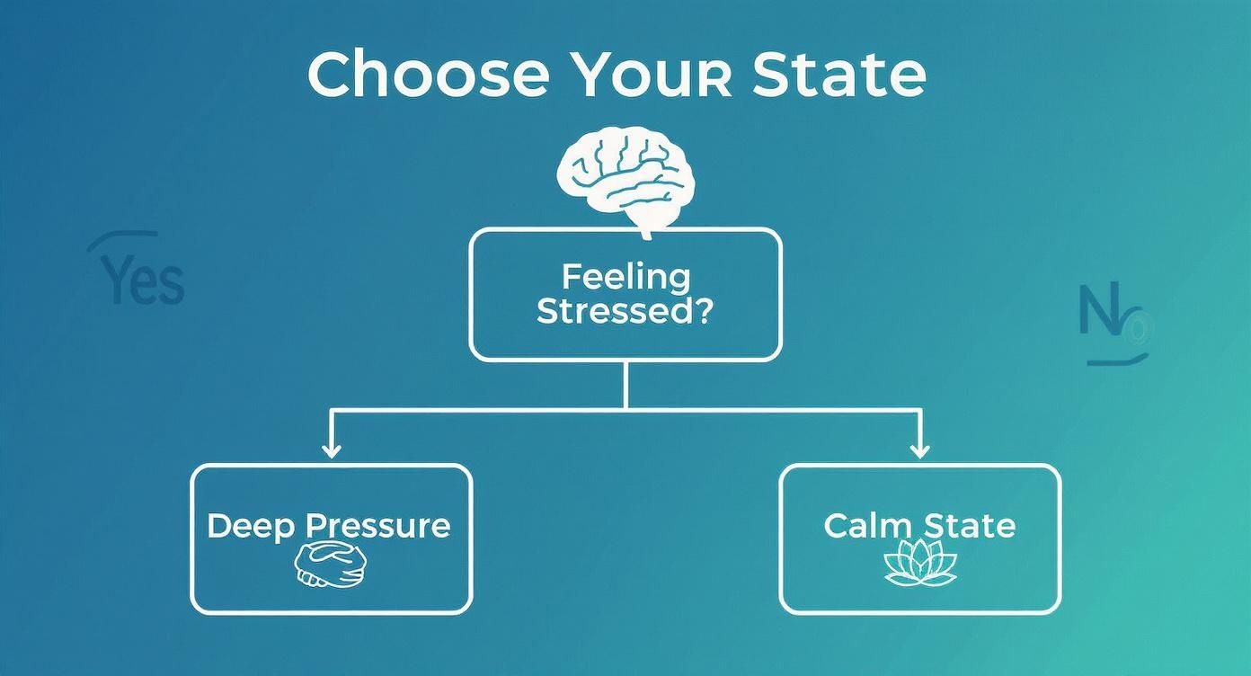 A mental state flowchart titled 'Choose Your State' asking 'Feeling Stressed?' and offering 'Deep Pressure' or 'Calm State' as options.