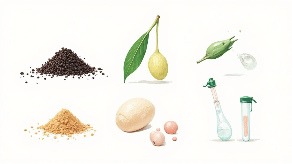 A colorful flat lay of vegan makeup ingredients like powders, oils, and flower petals.