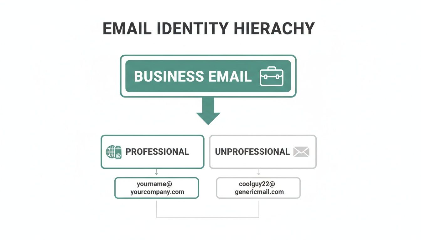 Diagram illustrating email identity hierarchy, distinguishing between professional business emails and unprofessional generic ones.