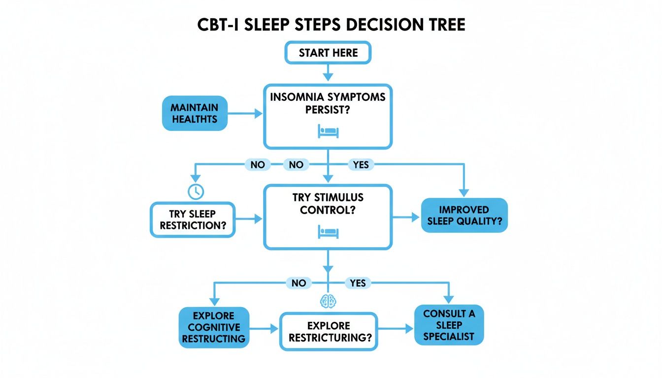 Flowchart illustrating the CBT-I sleep steps decision tree for managing insomnia symptoms.