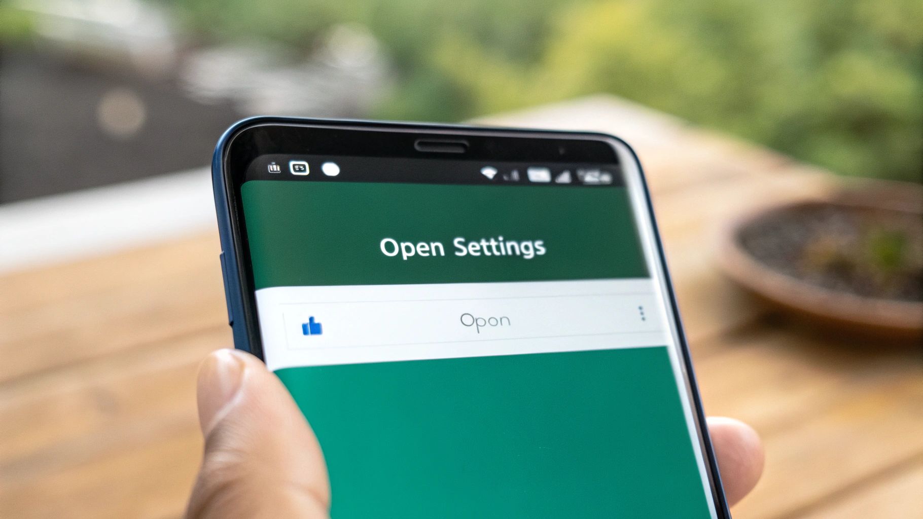 A person's Facebook profile on a smartphone screen, with a finger pointing to the 'About' section.