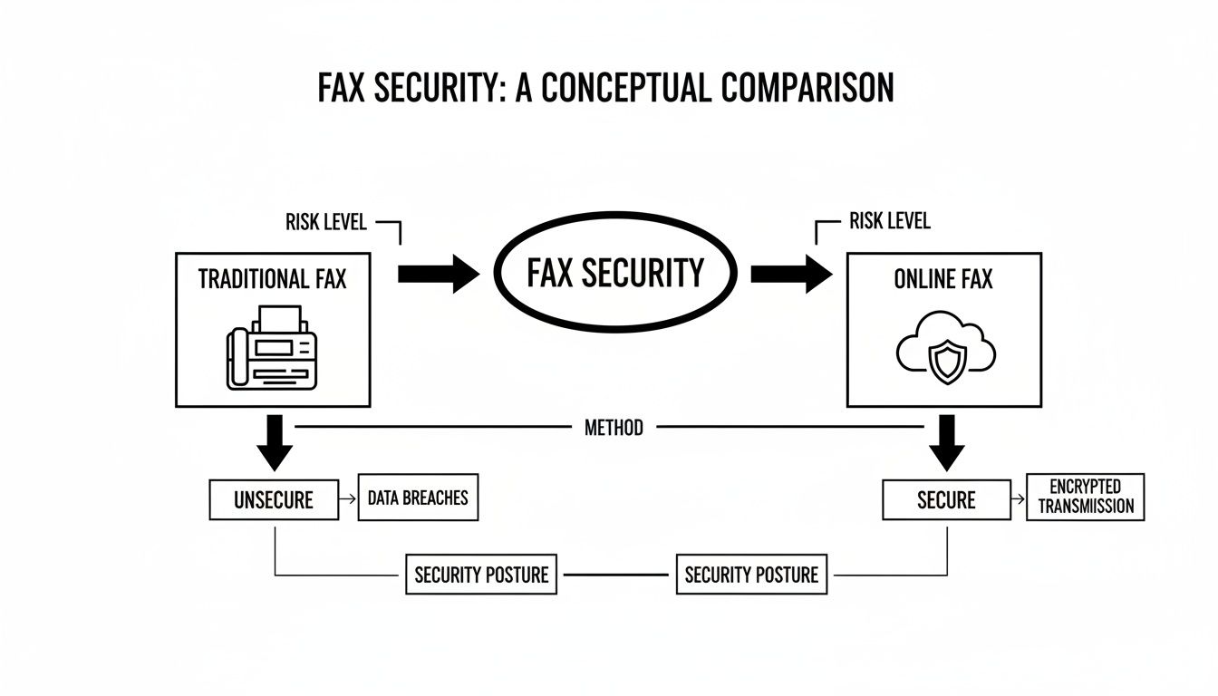Diagram comparing traditional fax and online fax security, highlighting risk levels, methods, and security postures.