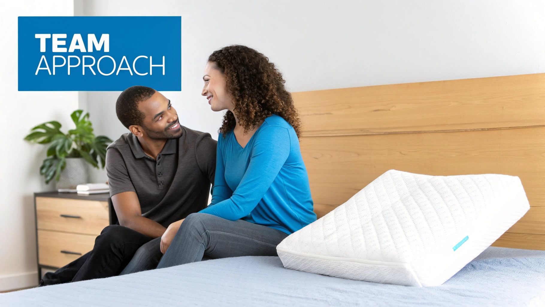 Diverse couple smiling and communicating on a bed with a white wedge pillow and "TEAM APPROACH" sign.
