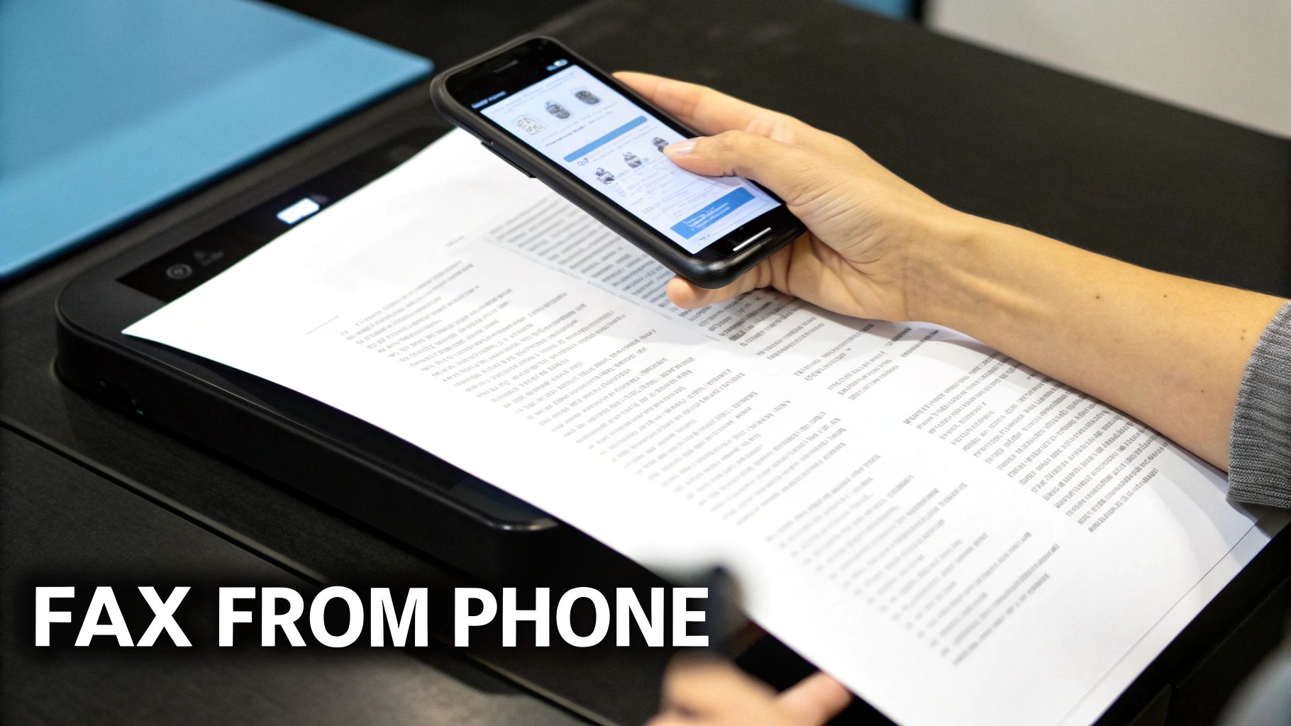 A person uses a smartphone to scan a document on a scanner, with 'FAX FROM PHONE' text.