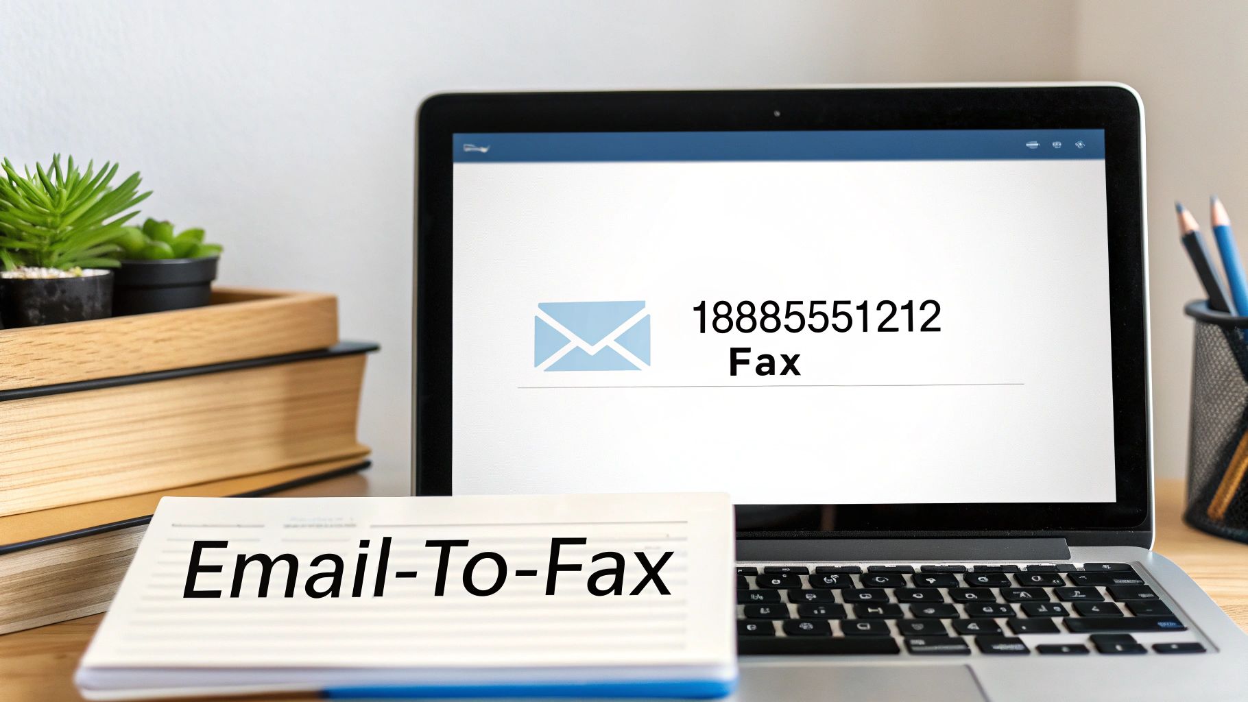 An image showing a document being sent from an email client to a fax machine, representing the concept of faxing via email.