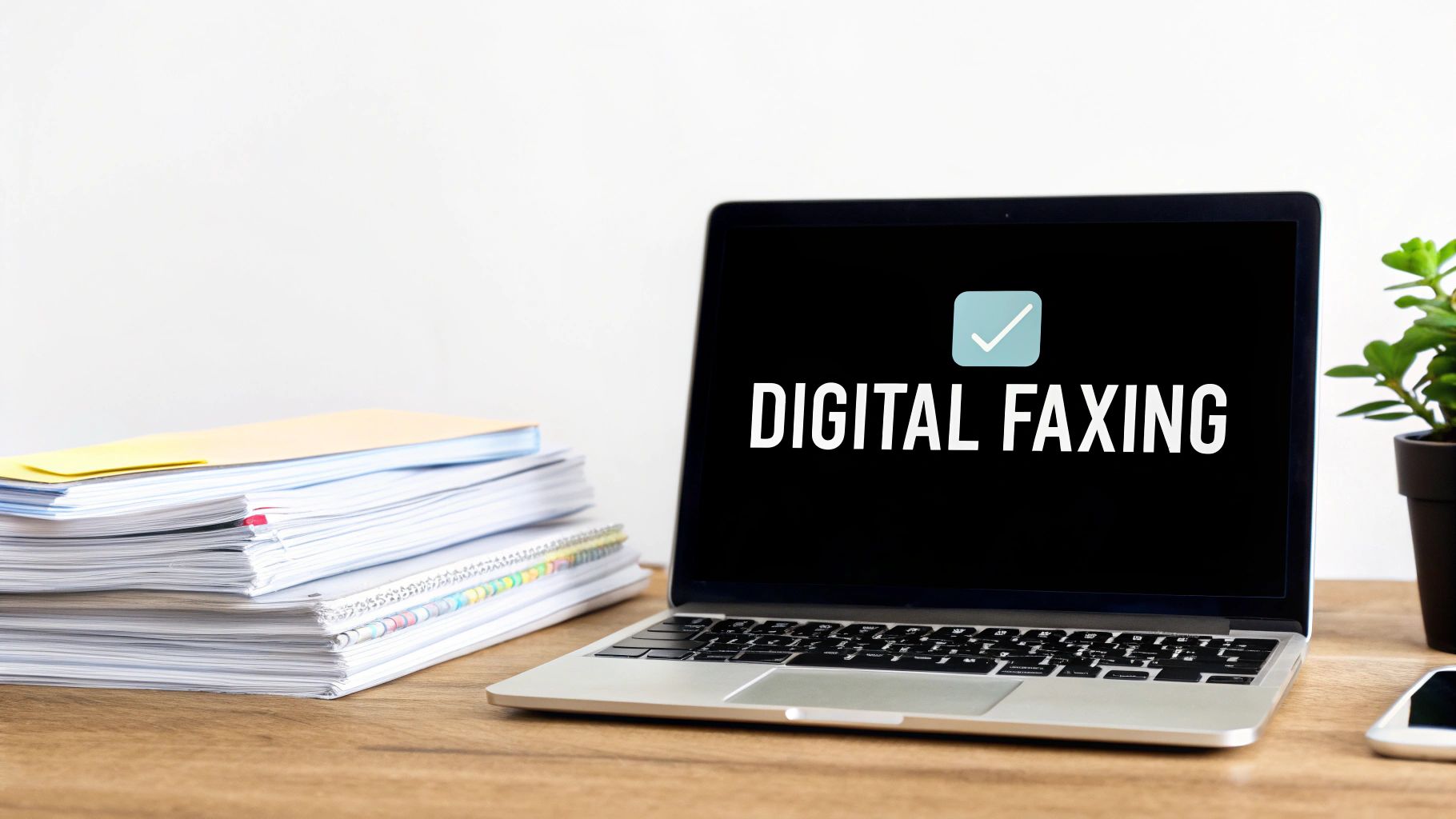 A laptop displaying 'DIGITAL FAXING' with a checkmark, alongside a stack of papers and a plant.
