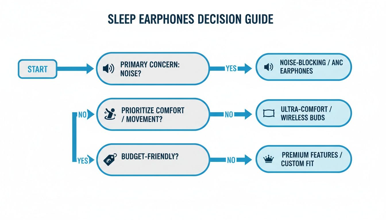 A flowchart titled 'Sleep Earphones Decision Guide' helps users choose based on noise, comfort, and budget.