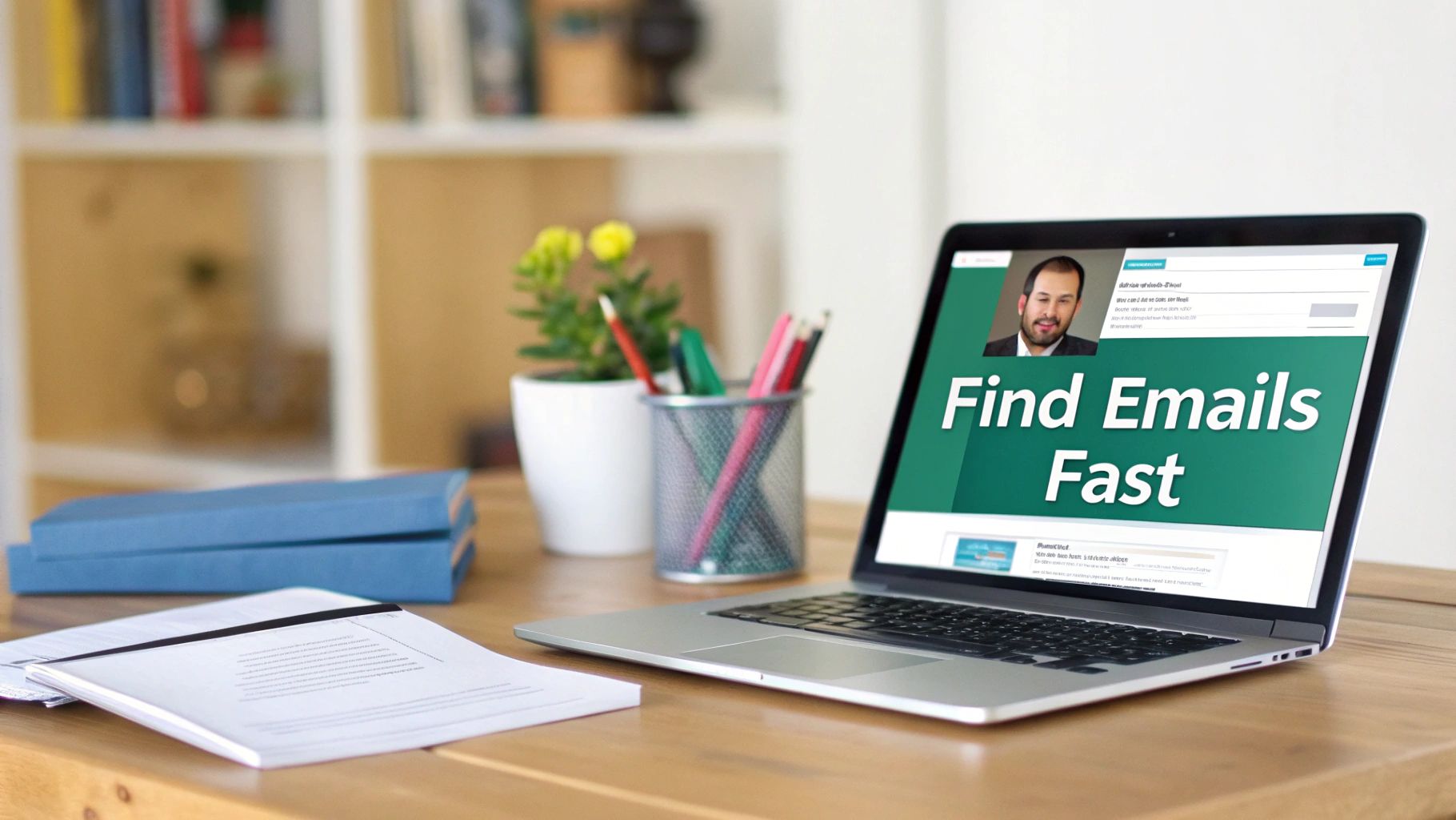 A laptop on a wooden desk displays 'Find Emails Fast' on its screen, surrounded by office items.