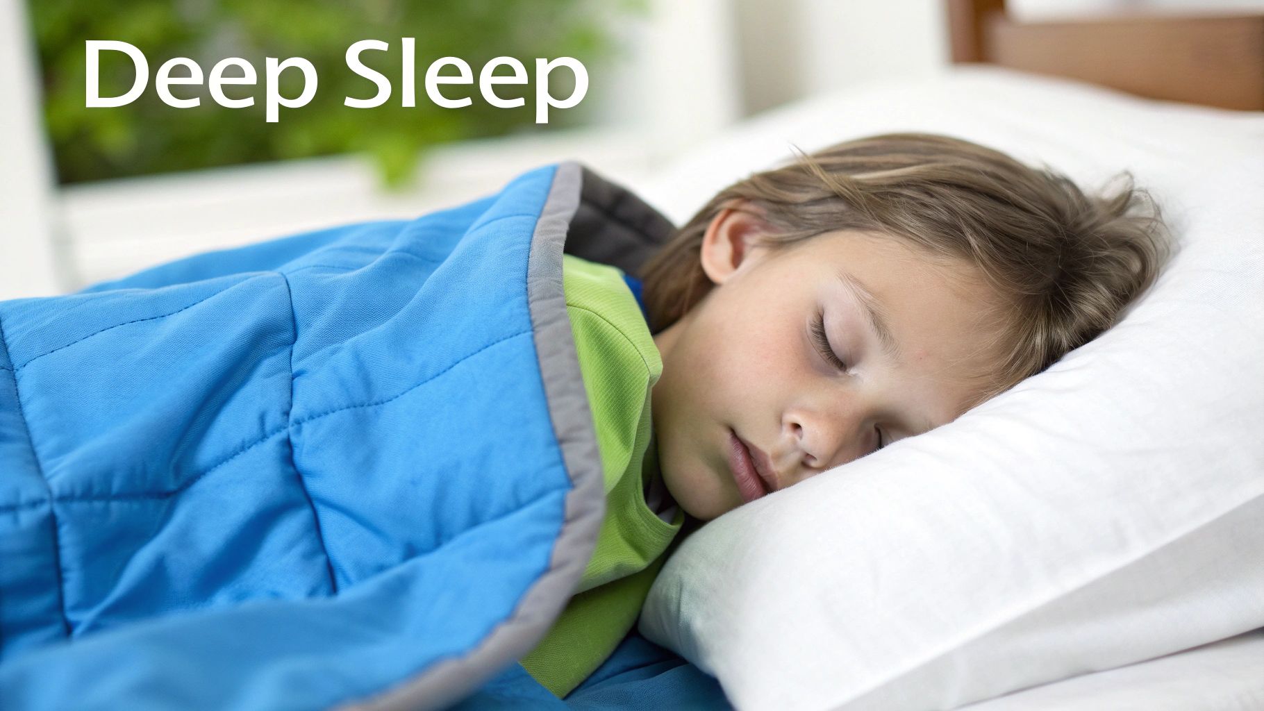 A child is using a weighted blanket during quiet time in a cozy nook, looking calm and relaxed.