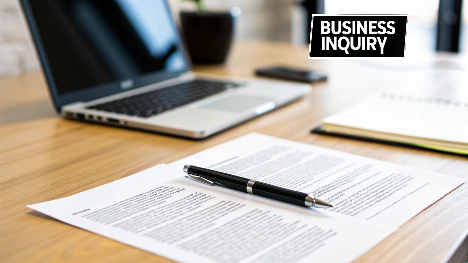 An office desk with a laptop, documents, a pen, and a 'BUSINESS INQUIRY' sign.