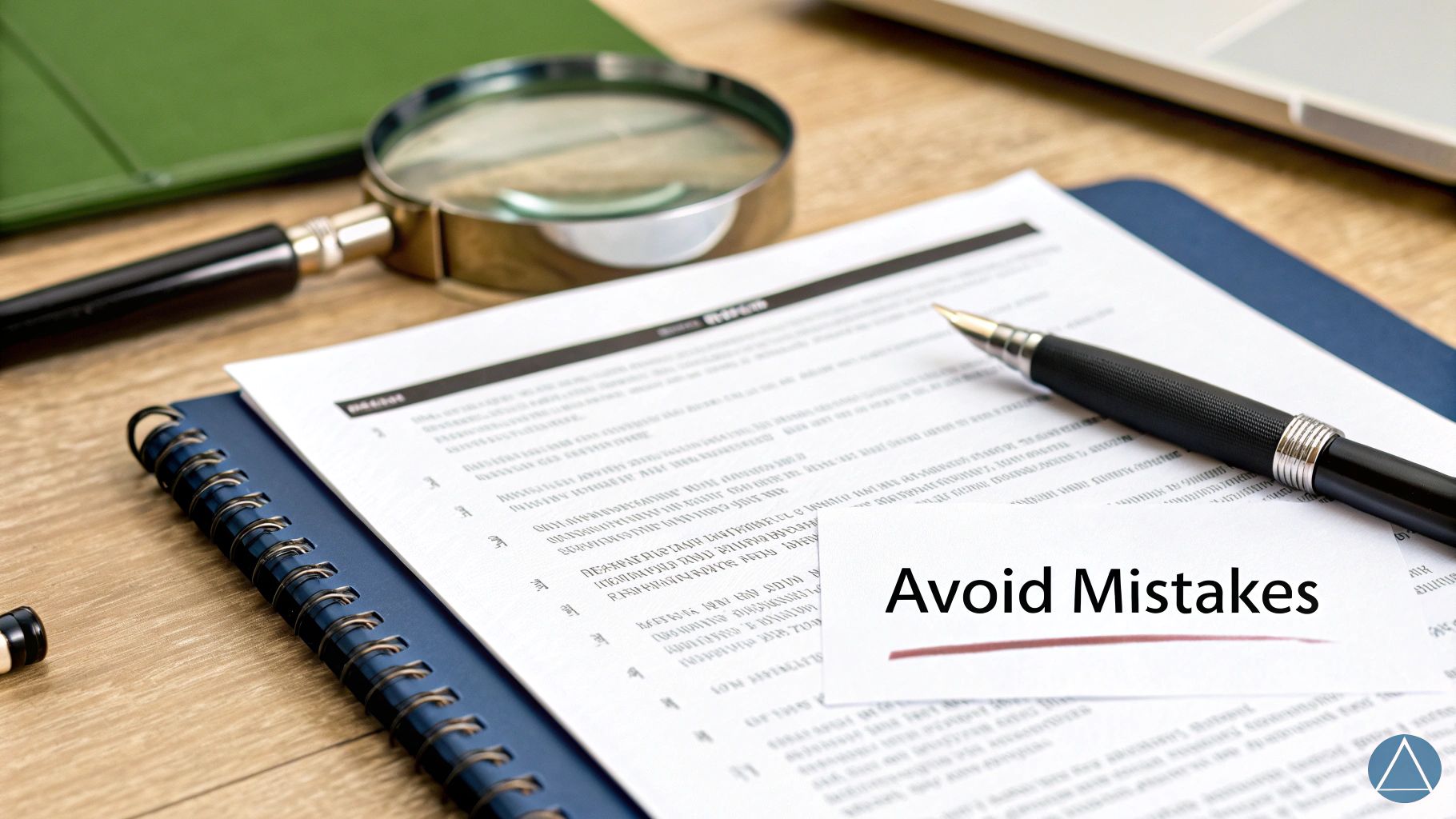 A close-up of a desk with a document, a pen, a magnifying glass, and a note reading "Avoid Mistakes" indicating careful review.