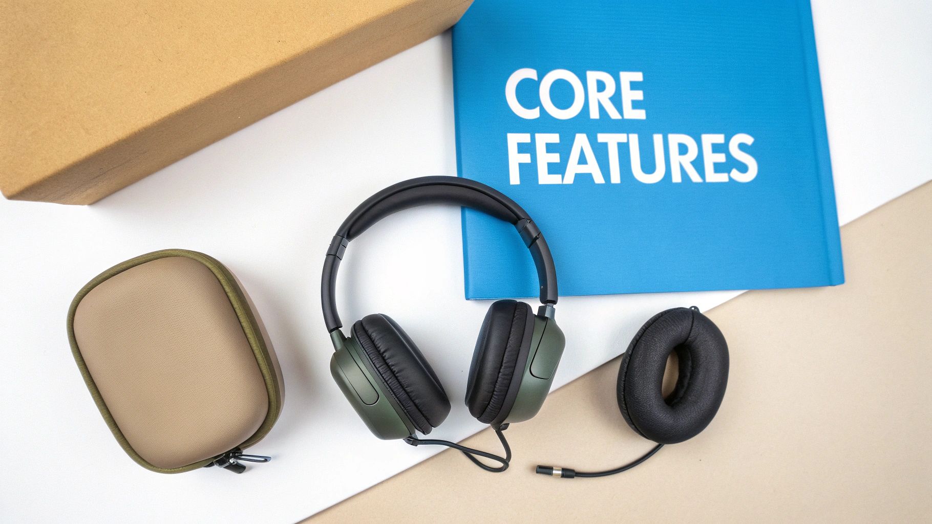 Overhead shot of green headphones, a beige case, a detached ear cup, and a blue 'CORE FEATURES' book.