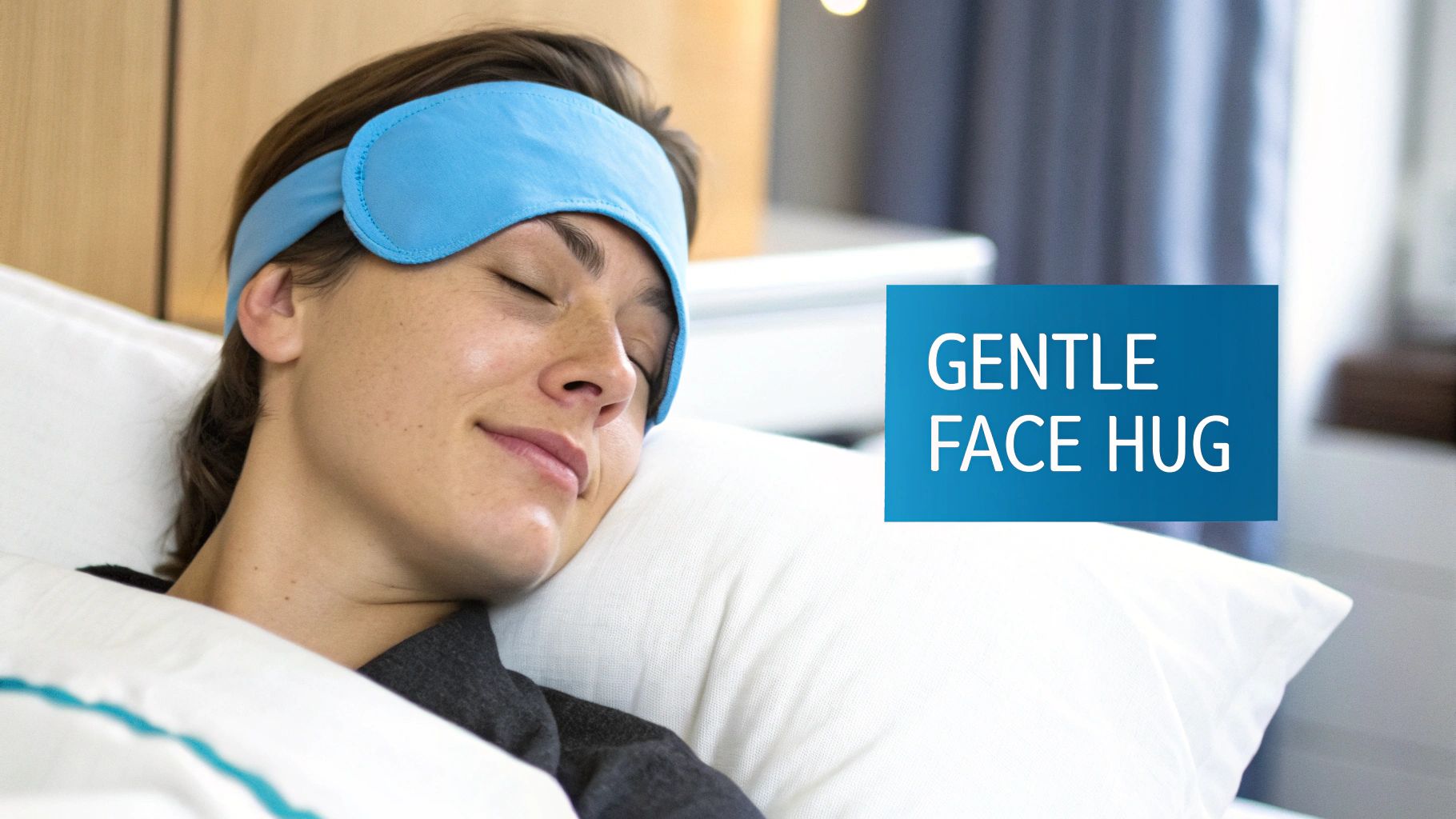 A person comfortably wearing a weighted sleep mask in bed.