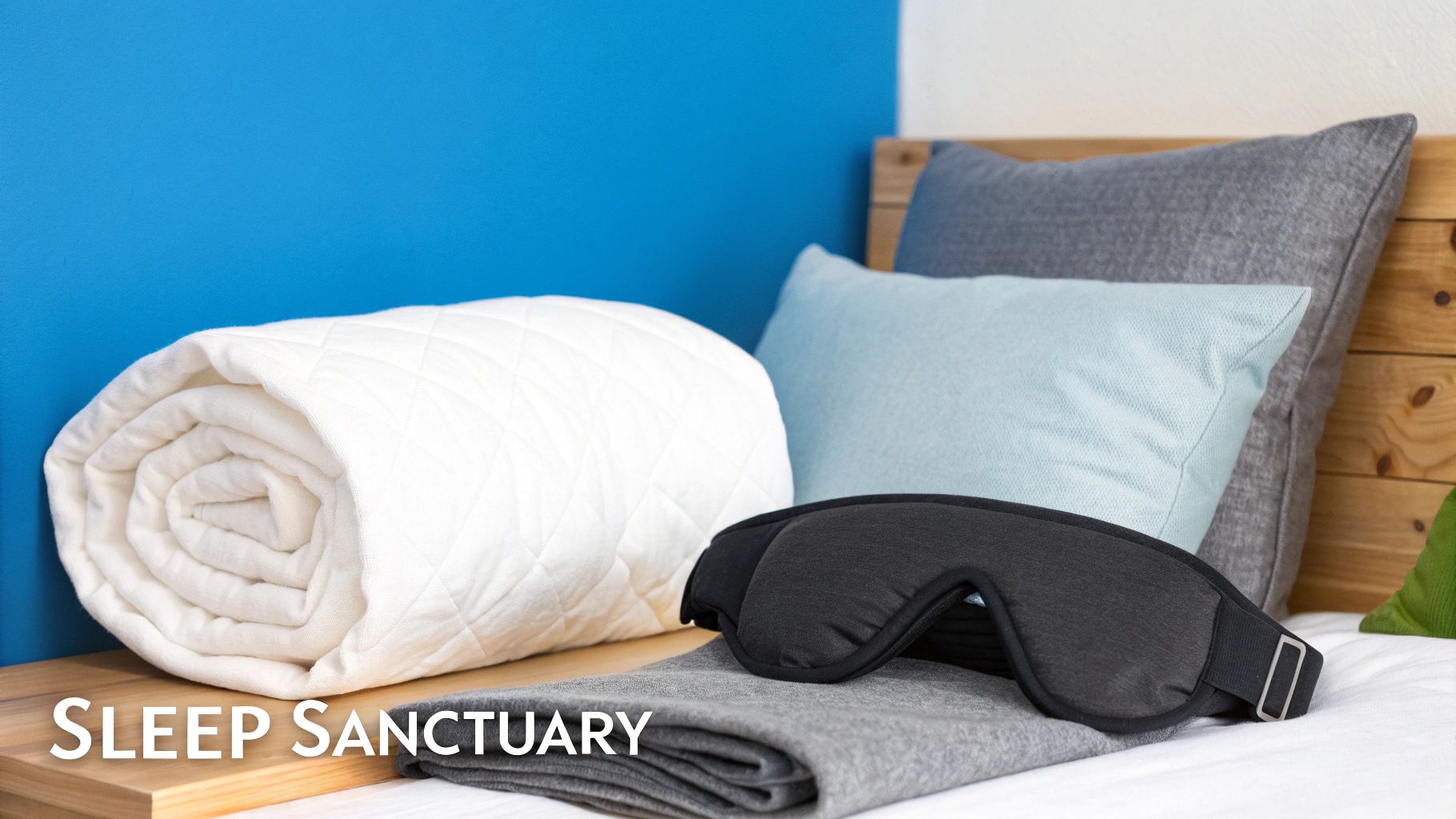 A collection of sleep essentials: a rolled white blanket, a grey sleep mask, and pillows on a bed.