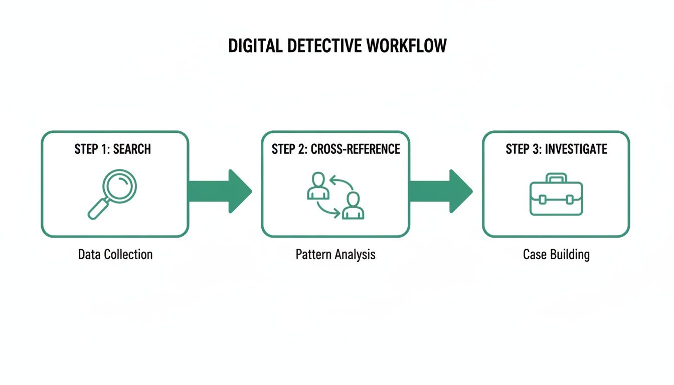Digital detective workflow showing three steps: search (data collection), cross-reference (pattern analysis), and investigate (case building).