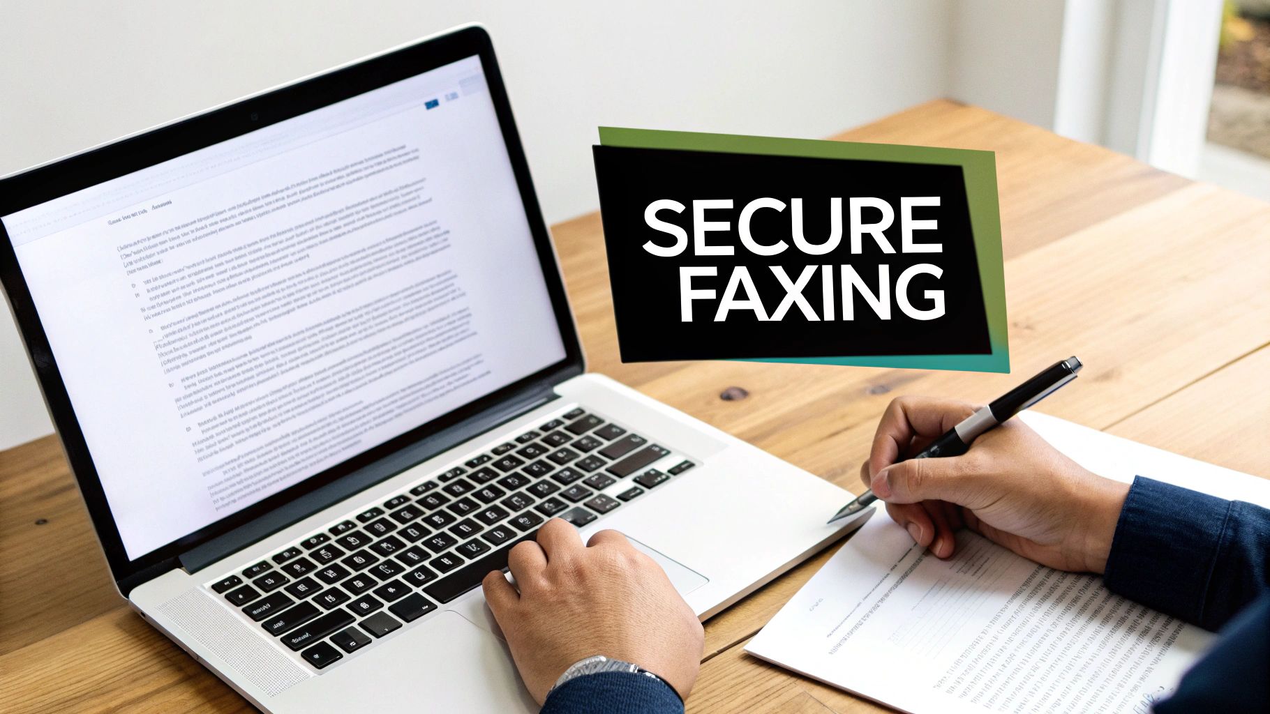 A person signs a document while working on a laptop, with 'SECURE FAXING' graphic.