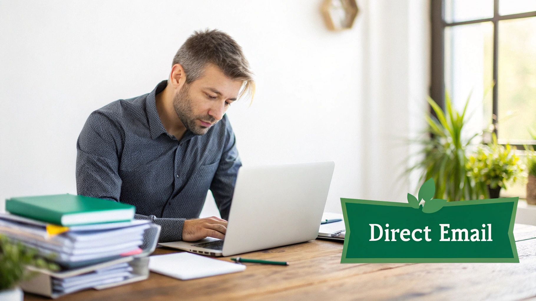 A man works on a laptop at a desk with stacked papers, a green folder, and a 'Direct Email' banner.