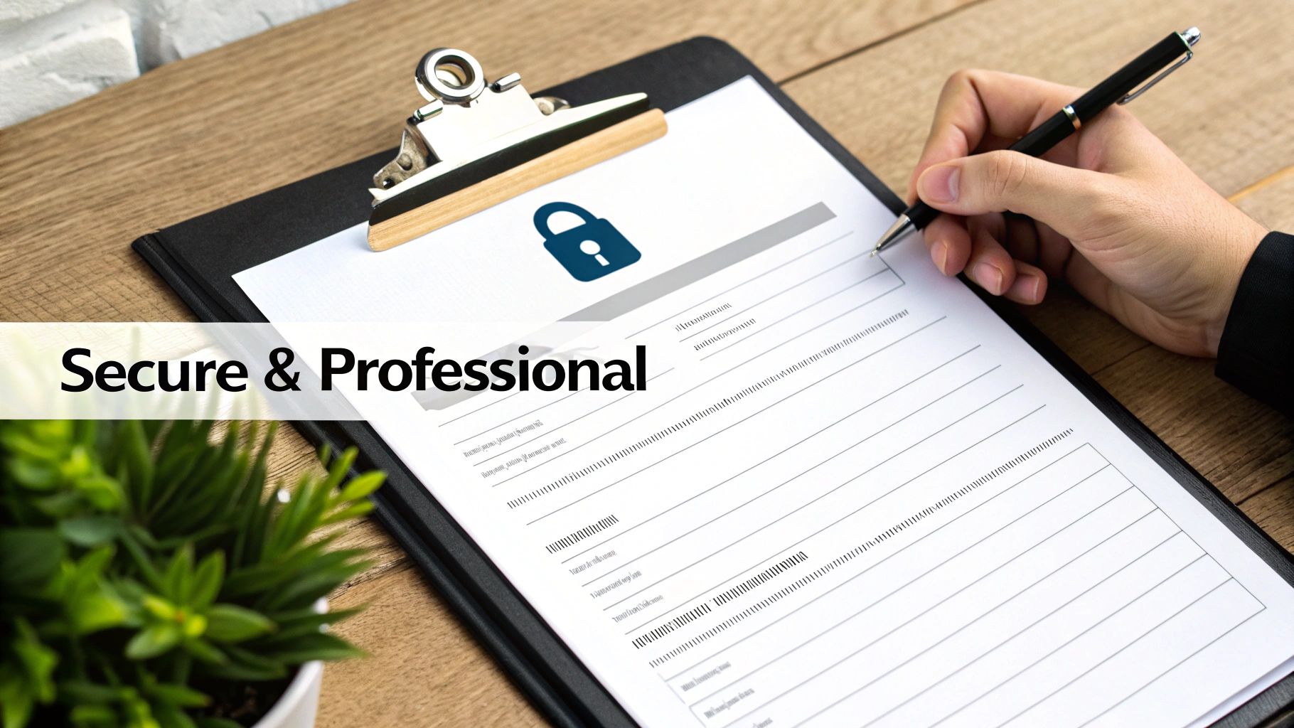 A hand writes on a secure form with a pen, featuring a lock icon and text 'Secure & Professional'.