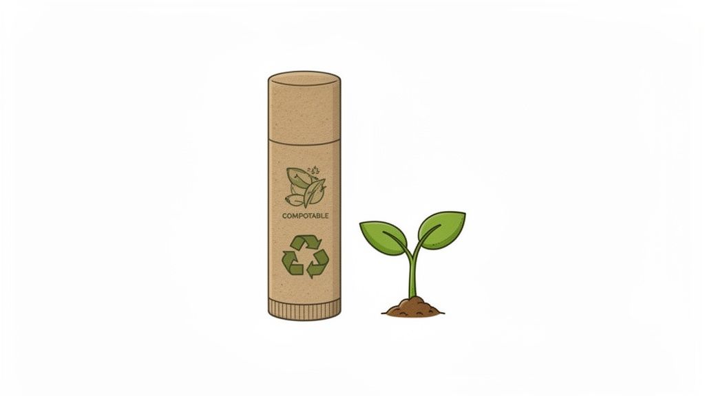 An eco-friendly lip balm container made of compostable material next to a small green plant sprout.