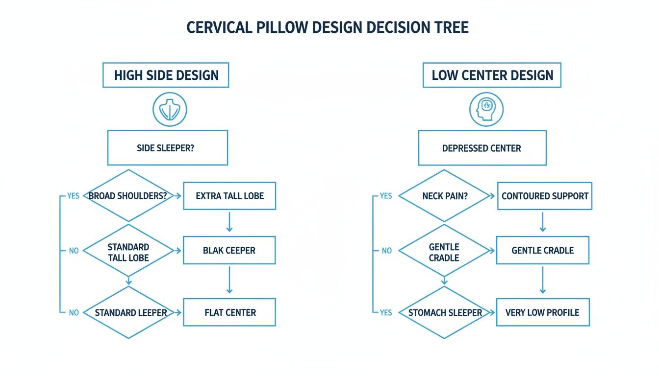 Decision tree flowchart guiding cervical pillow selection based on sleeping position, shoulder width, and neck pain.
