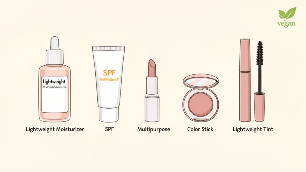 A simple vegan makeup routine featuring lightweight moisturizer, SPF, multipurpose stick, color stick, and tint.