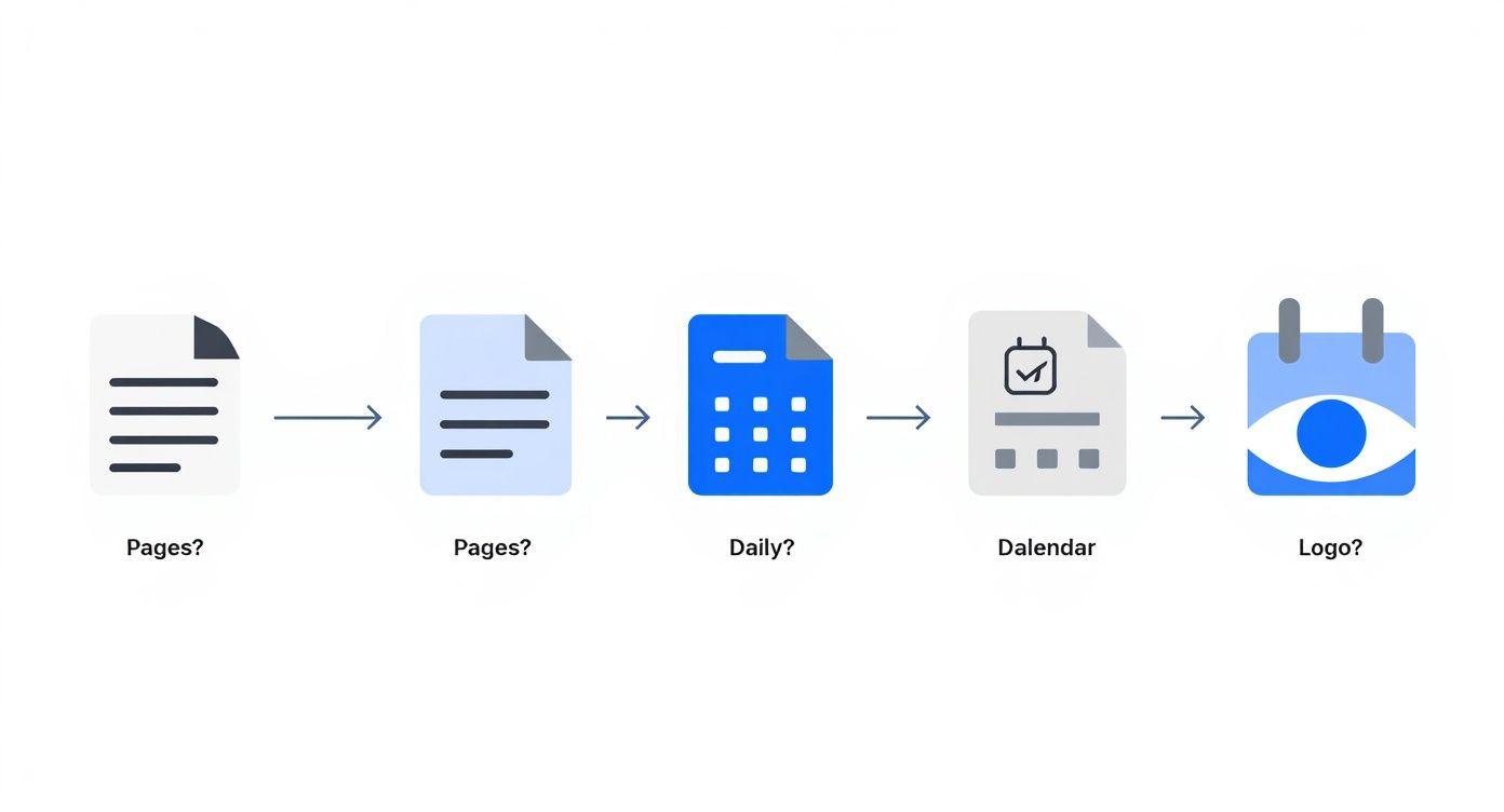 A workflow diagram depicting document icons transforming into a daily planner, calendar, and a unique eye logo.