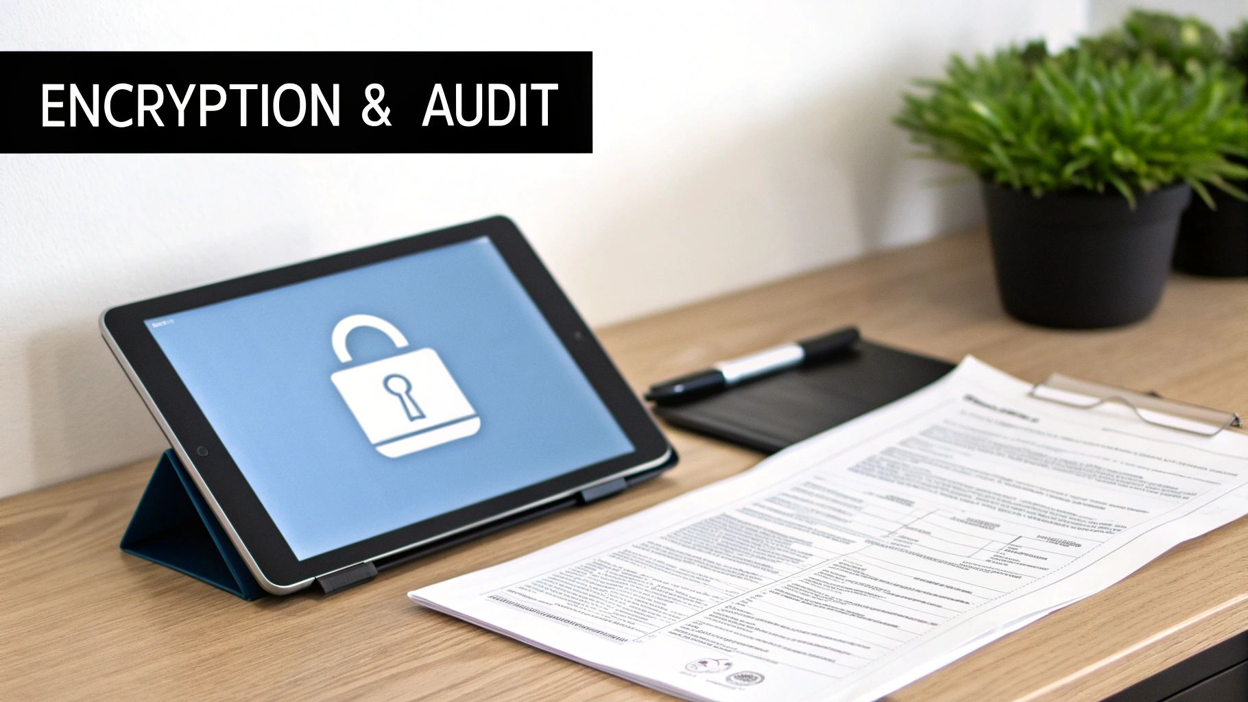 A tablet with a padlock icon on its screen, documents, and a pen on a wooden desk, representing encryption and audit.