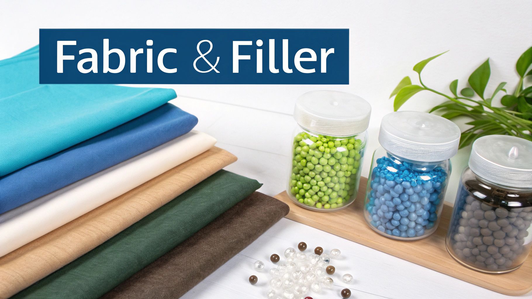 Stack of colorful fabrics and jars of various filler pellets for crafting projects.