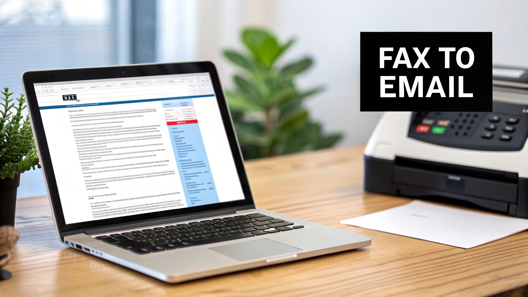 A professional reviews a document on a tablet while sitting in a modern office, symbolizing the efficiency of digital faxing.