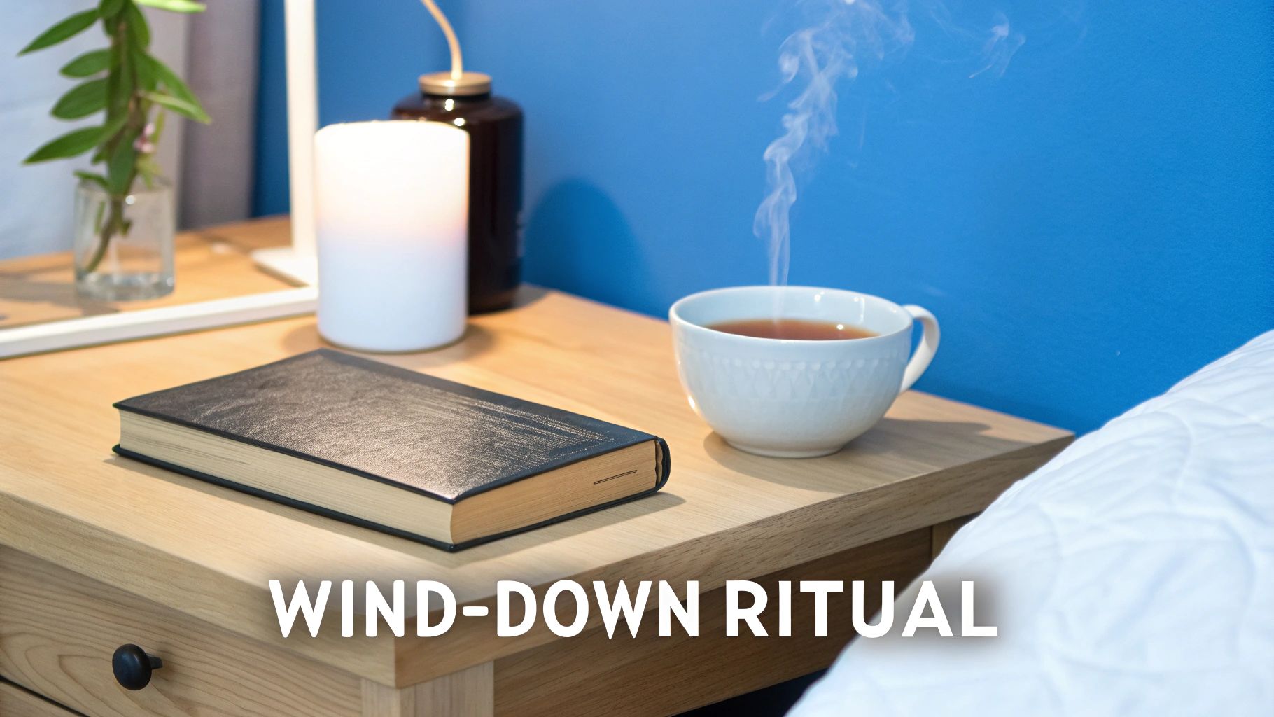 A person calmly sipping a cup of tea in a cozy, dimly lit room, preparing for bed.