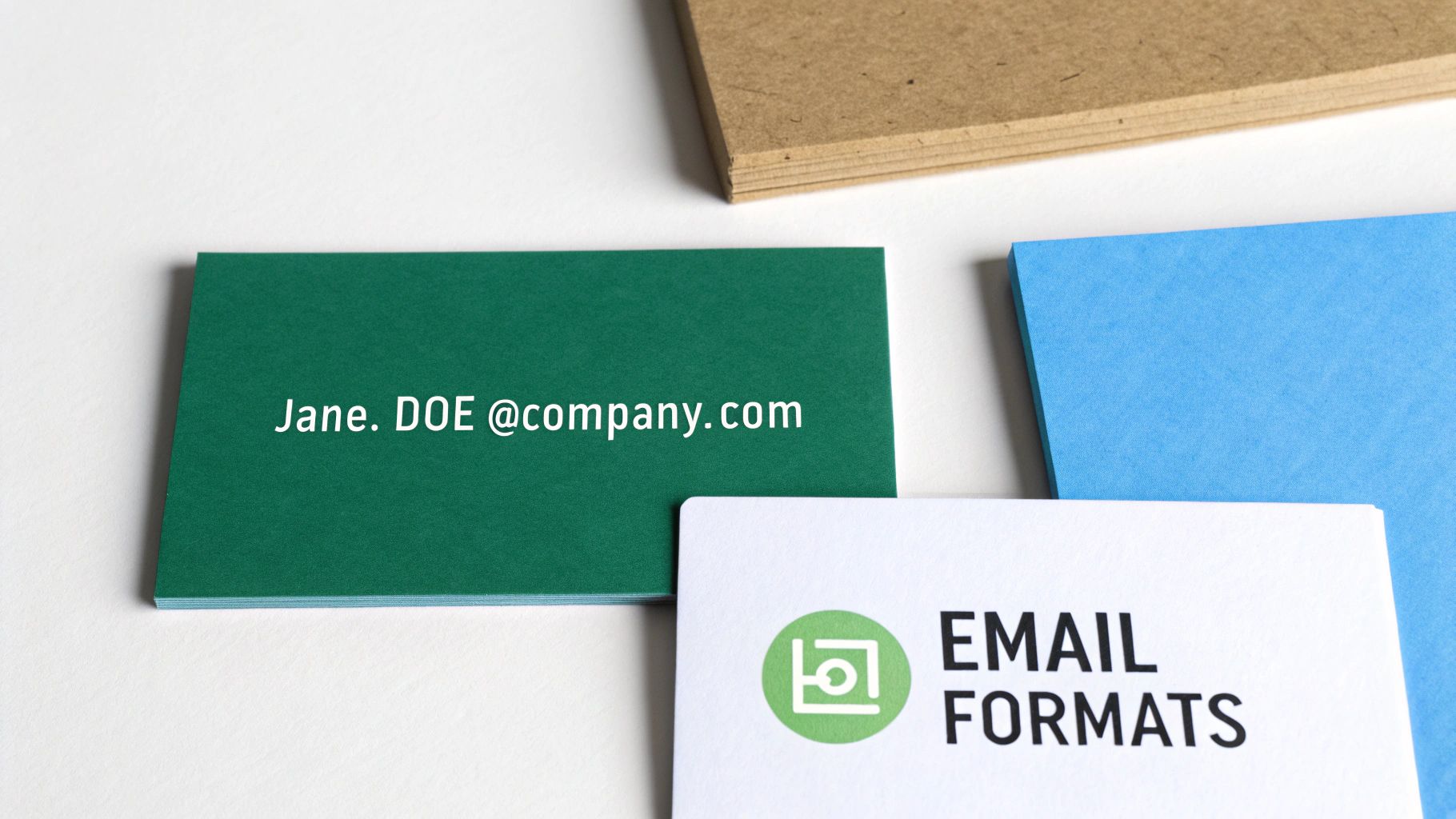 Close-up of business cards, one displaying an email address 'Jane. DOE @company.com' and another with 'EMAIL FORMATS'.
