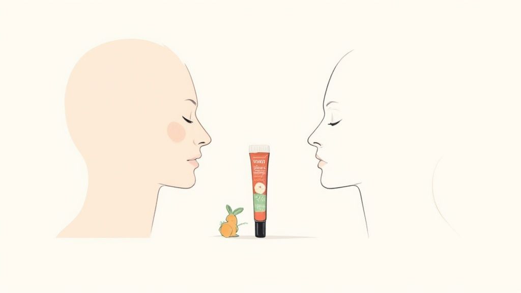 Two stylized female profiles face each other with a cosmetic tube and a small orange rabbit between them.