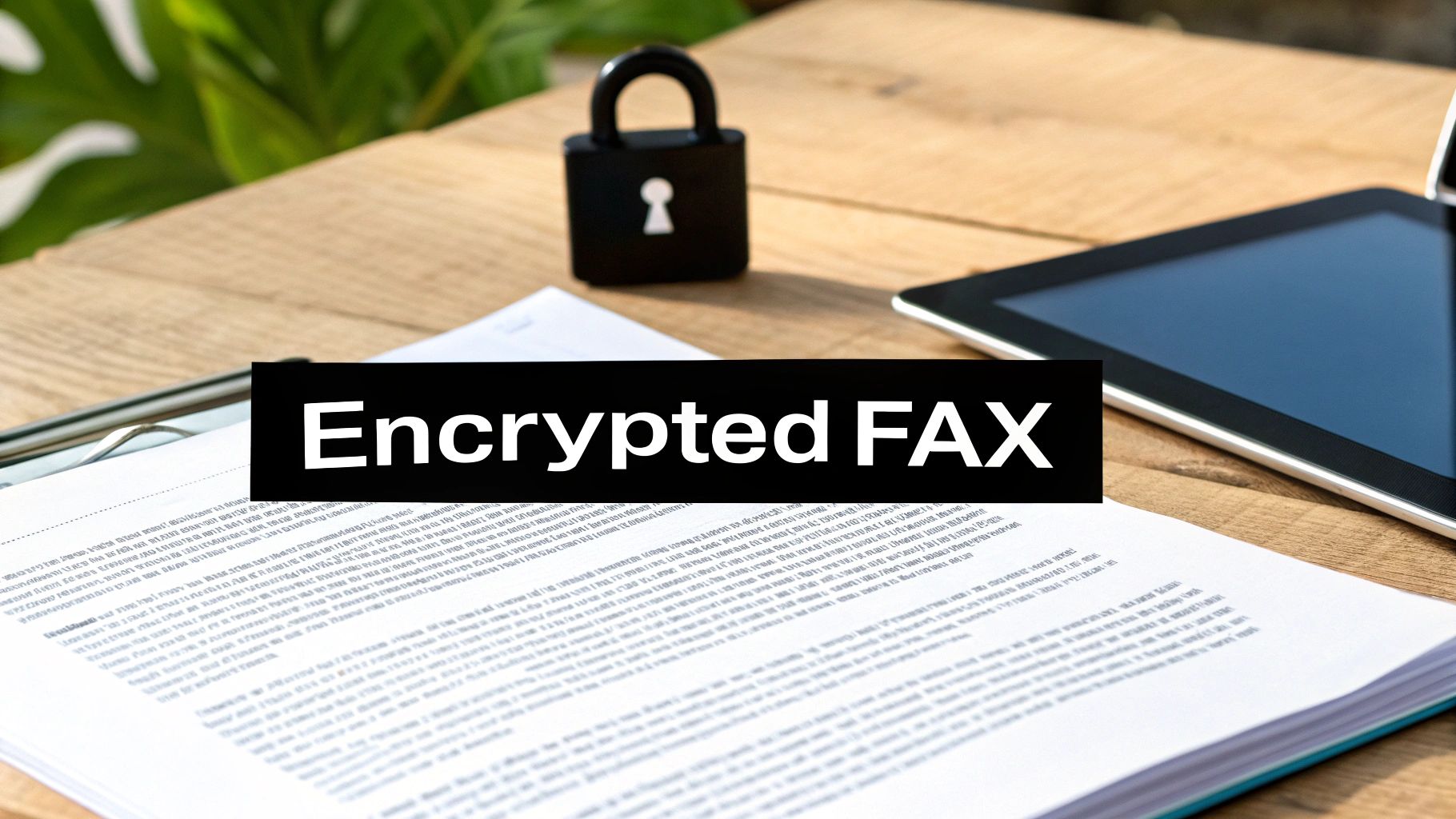 A wooden desk with a document, a black padlock, and a tablet, with a text overlay 'Encrypted FAX'.