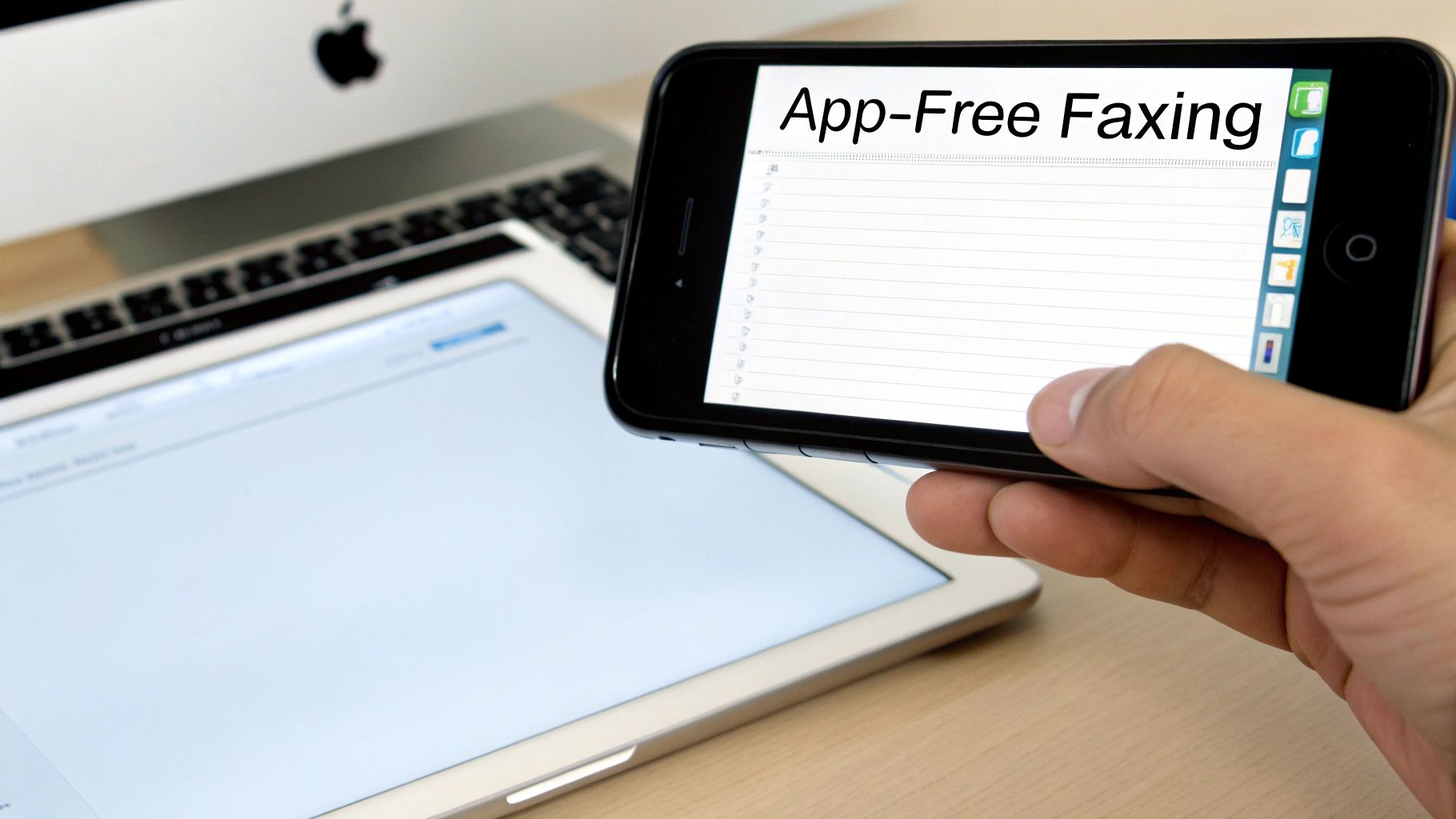 A hand holds a smartphone displaying 'App-Free Faxing' text, with an iPad and iMac in the background.