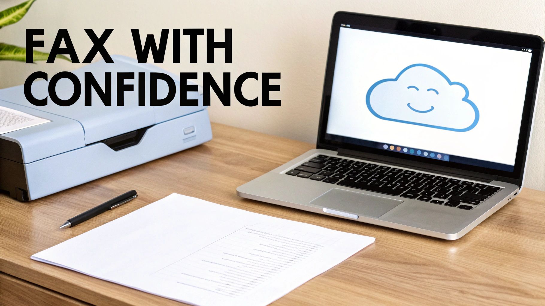 A laptop with a cloud icon, a fax machine, and documents on a desk, promoting confident faxing.
