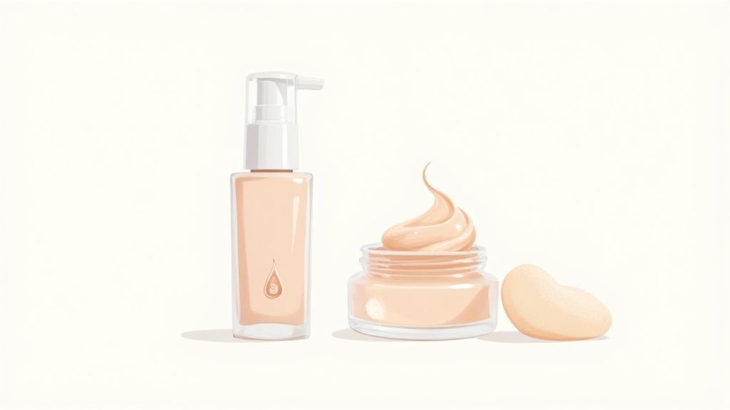 Light beige foundation pump bottle, cream jar with product swirl, and a beauty blender sponge.